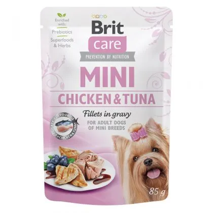 Hrana umeda pentru caini Brit Mini Adult Fillets in Gravy cu pui  ton 85 gr