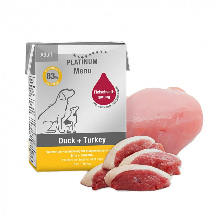 Hrana umeda pentru caini Platinum Menu Adult cu rata  curcan 185 gr