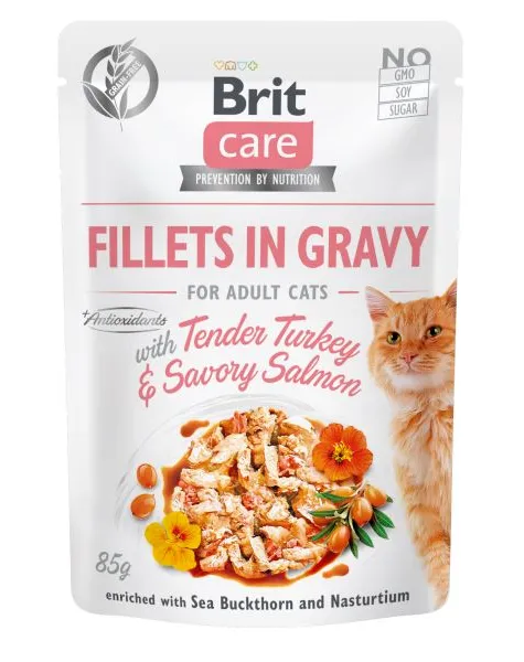 Hrana umeda pentru pisici Brit Fillets in Gravy cu curcan  somon 85 gr
