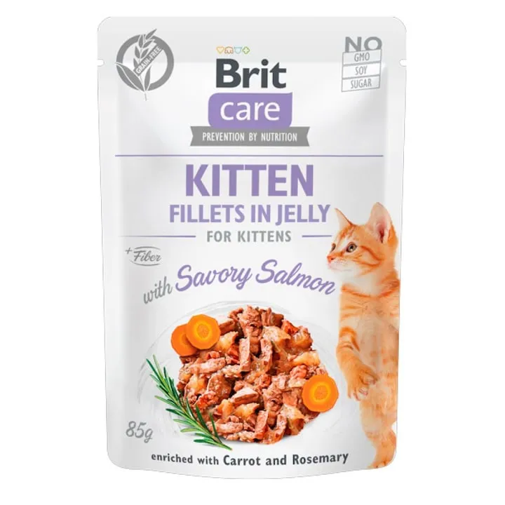 Hrana umeda pentru pisici Brit Kitten Fillets in Jelly cu somon 85 gr