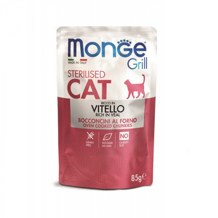 Hrana umeda pentru pisici Monge Grill Chunkies Sterilised cu vitel 85 gr
