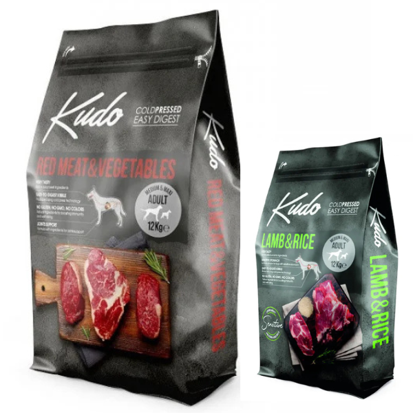 Hrana uscata pentru caini Kudo Adult Medium-Maxi cu vita 12 kg + 3 kg Hrana uscata Kudo cu miel