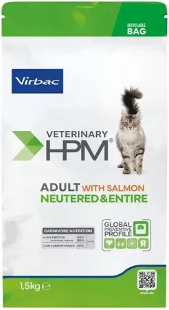 Hrana uscata pentru pisici HPM Adult Virbac Neutered  Entire cu somon 1,5 kg