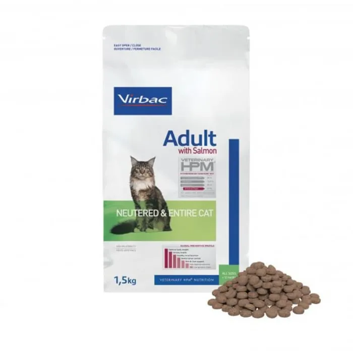 Hrana uscata pentru pisici HPM Adult Virbac Neutered  Entire cu somon 1,5 kg