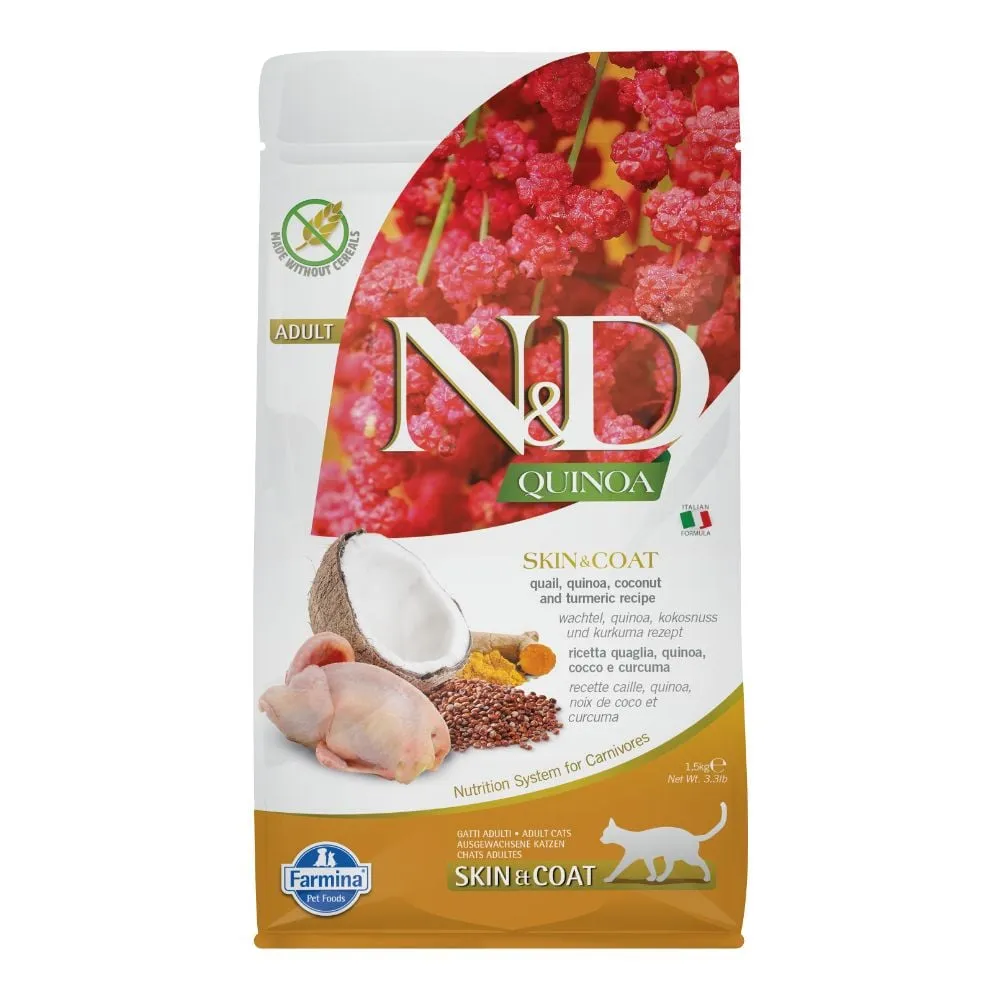 Hrana uscata pentru pisici ND Quinoa Adult Skin  Coat cu prepelita  cocos 1,5 kg