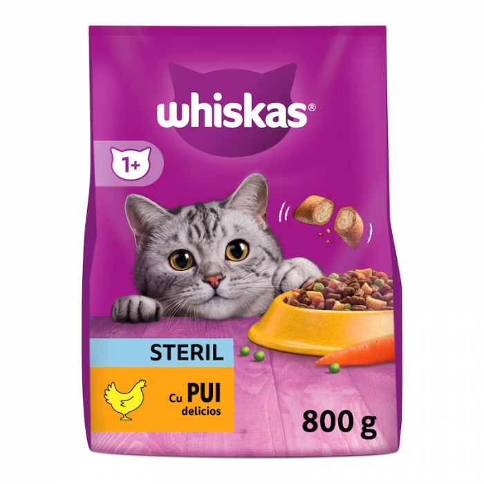 Hrana uscata pentru pisici Whiskas Steril cu pui 800 gr