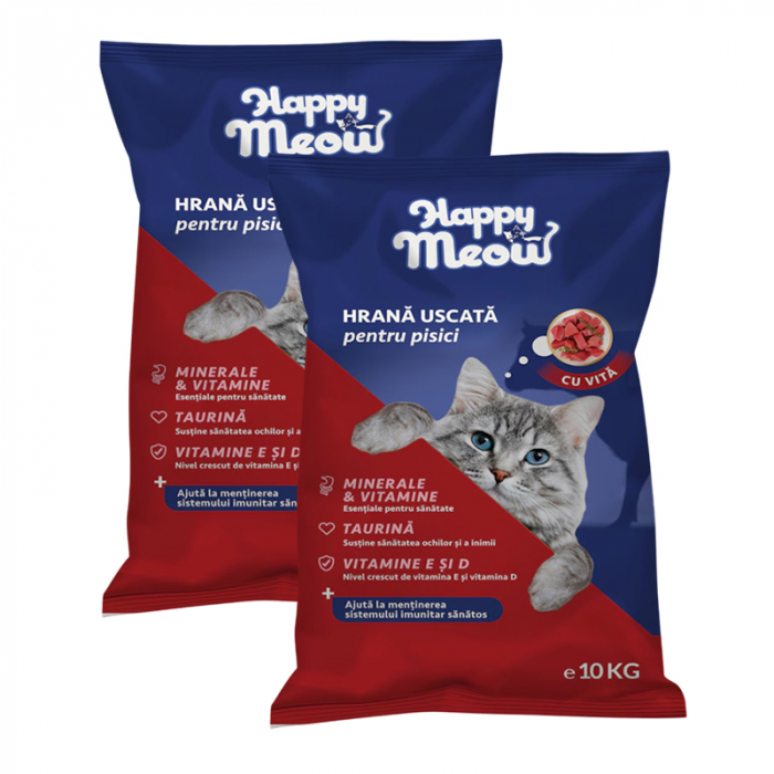Oferta 2 saci x 10 kg Hrana uscata pentru pisici Happy Meow cu vita
