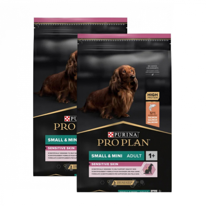 Oferta 2 saci x 7 kg Hrana uscata pentru caini Pro Plan Small  Mini Adult Sensitive Skin cu somon