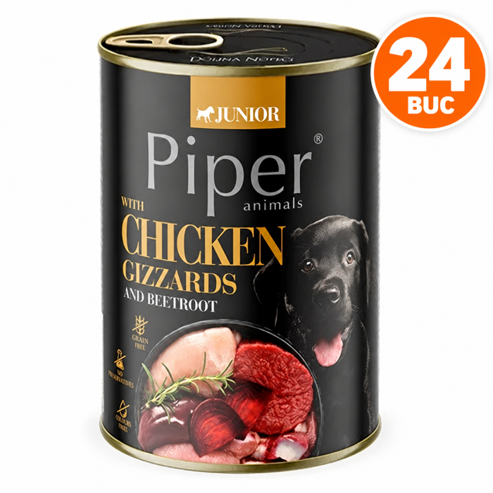 Pachet 24 buc x Conserva pentru caini Piper Junior cu pipote de pui sfecla 400 gr