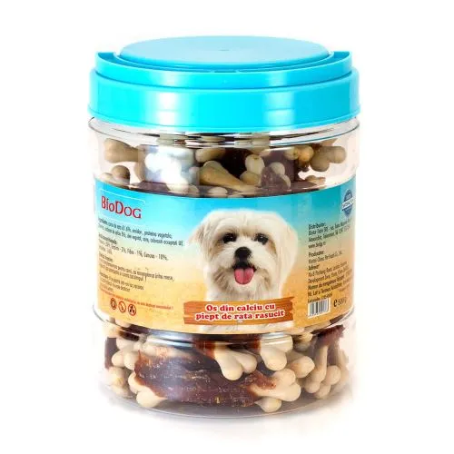 Recompense pentru caini Biodog os din calciu cu piept de rata 500 gr
