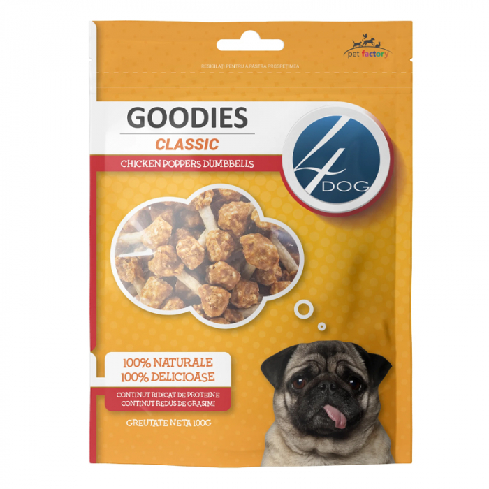 Recompense pentru caini Goodies Classic Chicken Poppers Dumbbells 100 gr