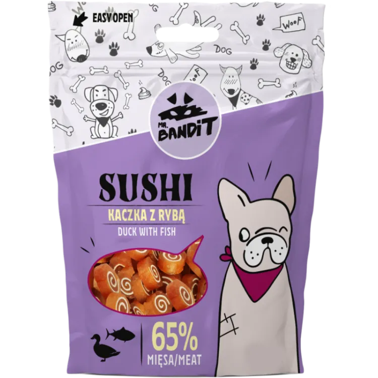 Recompense pentru caini Mr. Bandit Sushi cu rata  peste 80 gr