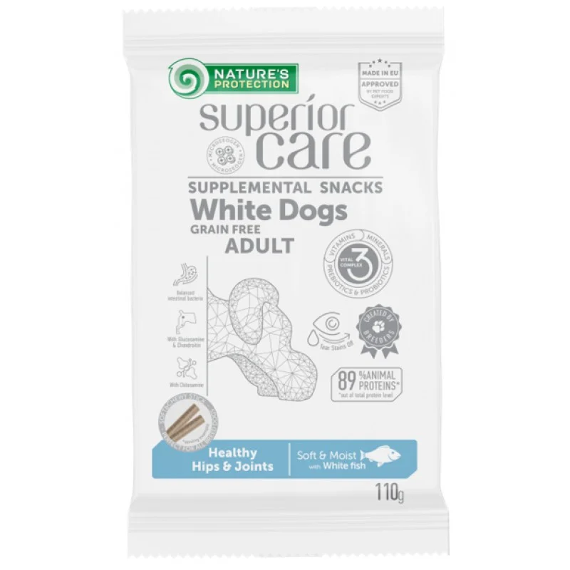 Recompense pentru caini Nature s Protection Superior Care Hips  Joints cu peste alb 110 gr