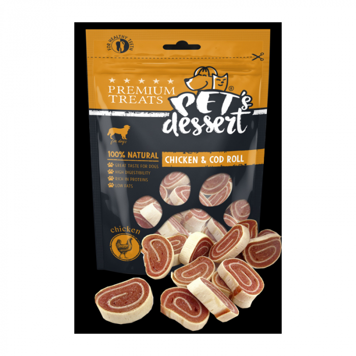 Recompense pentru caini Pet s Desert Chicken  Cod Roll 80 gr