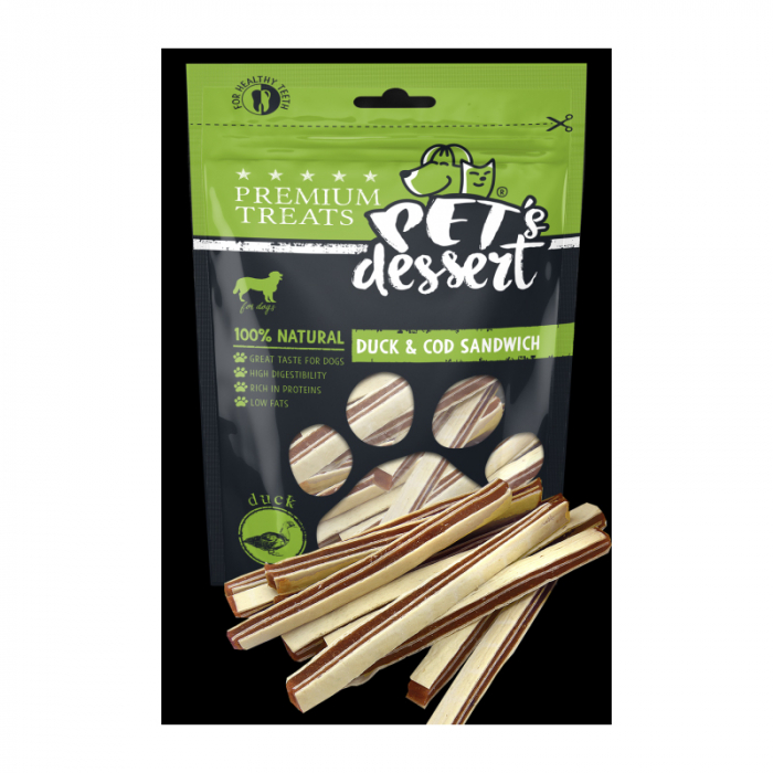 Recompense pentru caini Pet s Desert Duck  Cod Sandwich 80 gr
