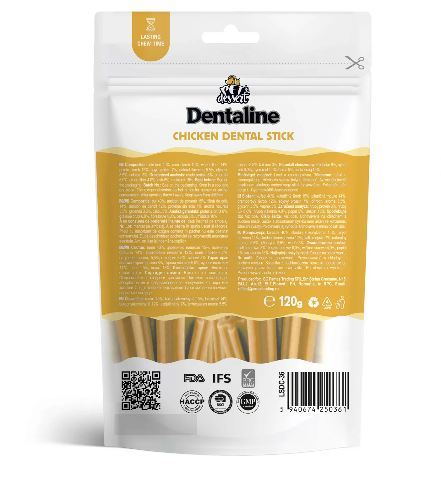 Recompense pentru caini Pet's Dessert Dentline Sticks cu pui 120 gr [2]