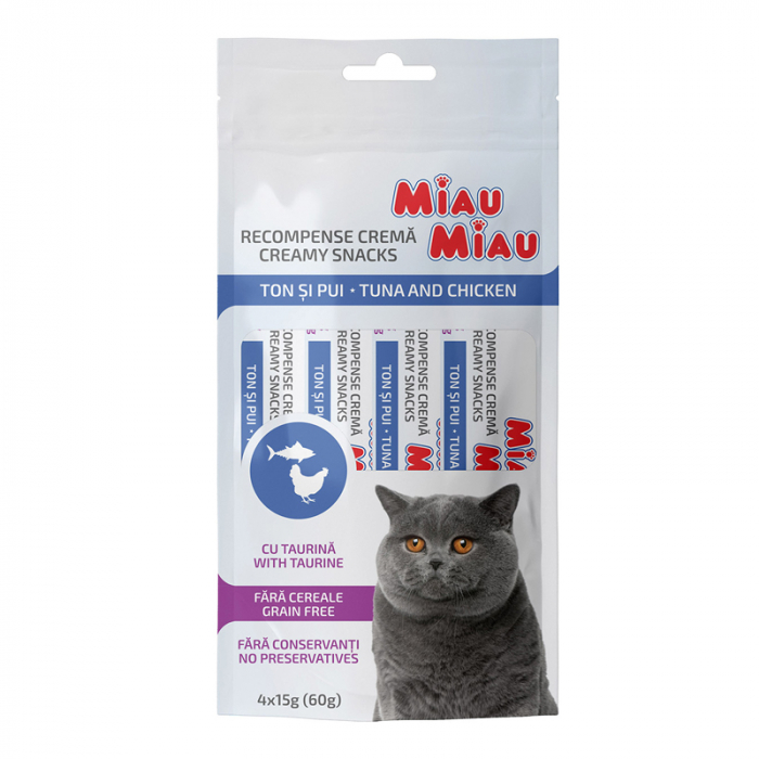 Recompense pentru pisici Miau Miau Creamy Snacks cu ton  pui 4 buc x 15 gr