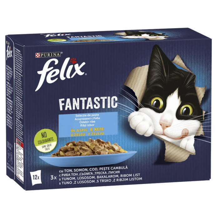 Set 12 buc x 85 gr Hrana umeda pentru pisici Felix Fantastic cu ton, somon, cod  peste cambula