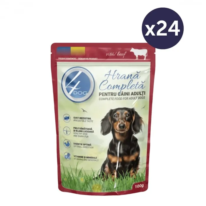 Set 24 buc x 100 gr Hrana umeda pentru caini 4Dog Mini Adult cu vita