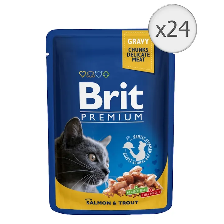 Set 24 buc x 100 gr Hrana umeda pentru pisici Brit cu somon  pastrav