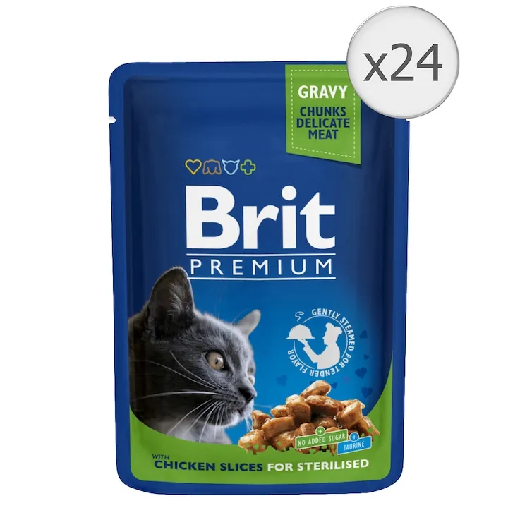 Set 24 buc x 100 gr Hrana umeda pentru pisici Brit Sterilised cu pui