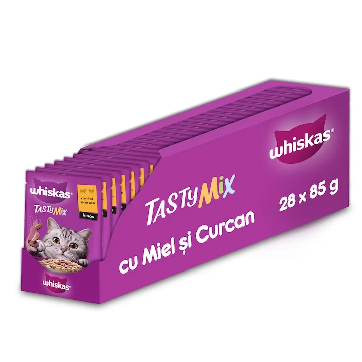Set 28 buc x 85 gr Hrana umeda pentru pisici Whiskas Tasty Mix cu miel  curcan