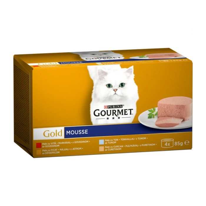 Pachet conserve Gourmet Gold Mousse cu vita , ton , ficat  curcan 4 x 85 gr