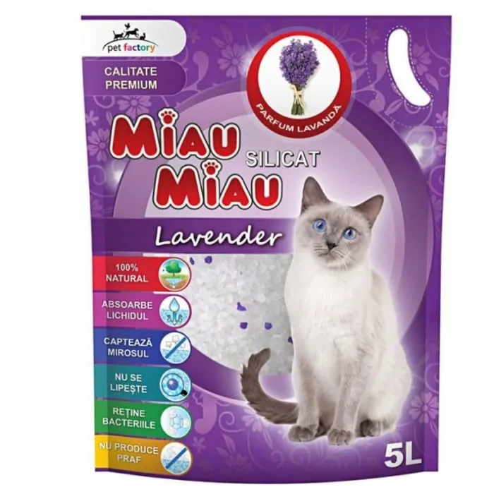 Asternut igienic pentru pisici Miau Miau Silicat cu Lavanda 5L
