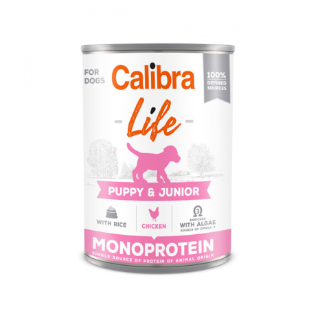 Caine Junior - Conserva pentru caini Calibra Dog Life Puppy & Junior cu pui & orez 400 gr