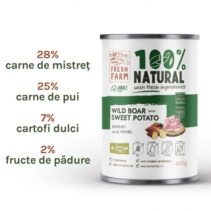 Conserva pentru caini Fresh Farm Coarse Pate cu mistret, fructe de padure & ierburi 400 gr [1]