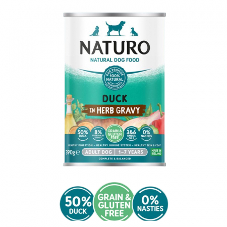 Caini - Conserva pentru caini Naturo Adult cu rata , fructe & legume 390 gr