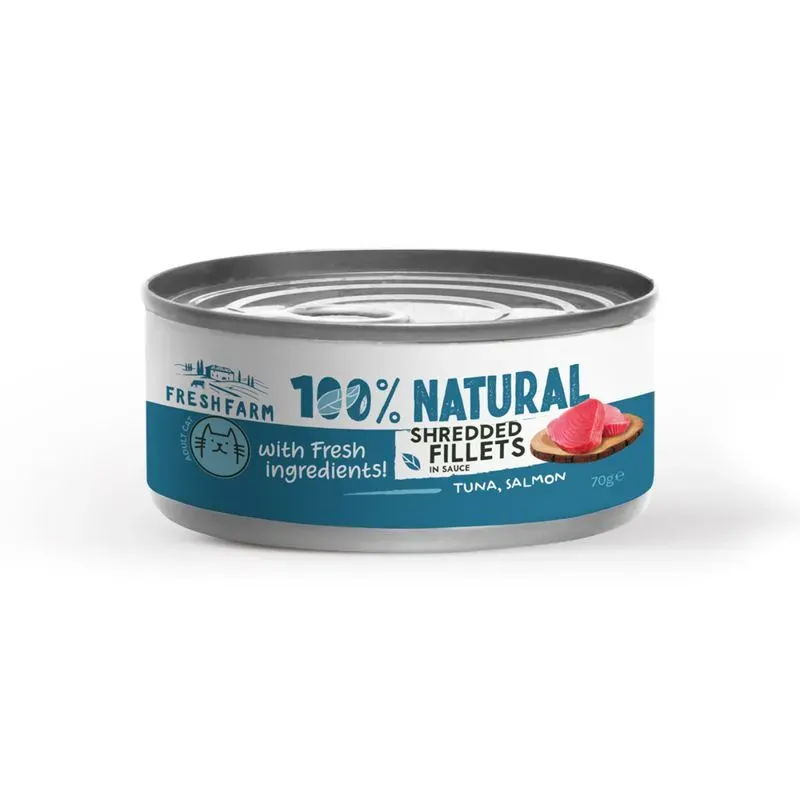 Pisici - Conserva pentru pisici Fresh Farm Schredded Fillets cu  ton & somon 70 gr