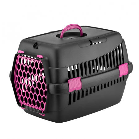 Caini - Cusca de transport 4Dog Deluxe neagra cu usa fuchsia 49 x 35 x 32,5 cm