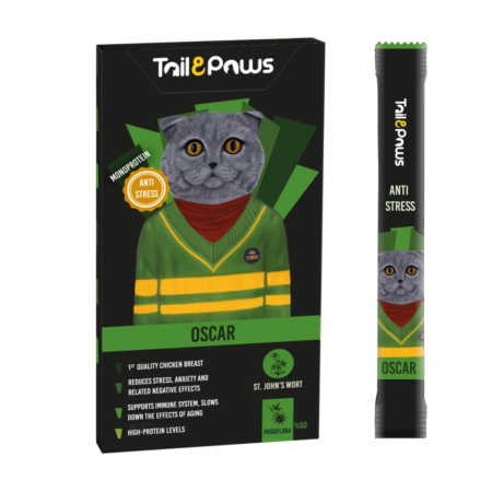 Recompense pisici - Gustare pentru pisici Tail Paws Oscar Crema Antistres cu pui 5 buc / pachet