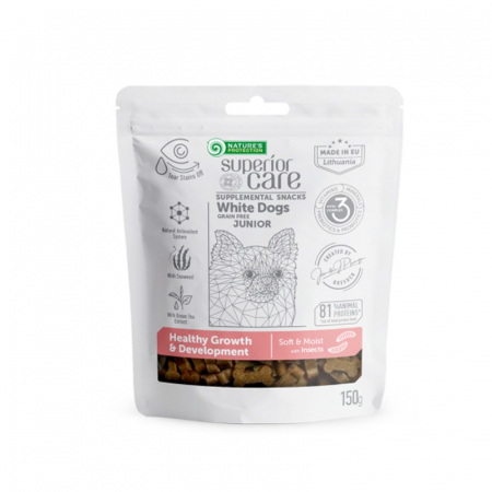 Recompense caini - Gustari pentru caini N.P Superior Care White Dogs Junior Healthy Growth cu insecte 150 gr