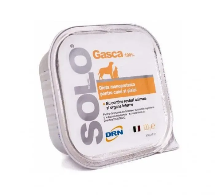 Diete Veterinare Caini - Hrana dietetica monoproteica pentru caini & pisici Solo cu gasca 100 gr