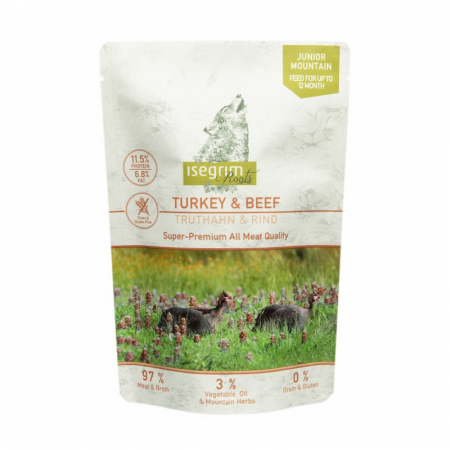 Caini - Hrana umeda pentru caini Isegrim Junior Mountain cu curcan & vita 410 gr