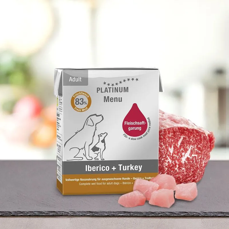 Caine Adult - Hrana umeda pentru caini Platinum Menu Adult cu iberico & curcan 185 gr