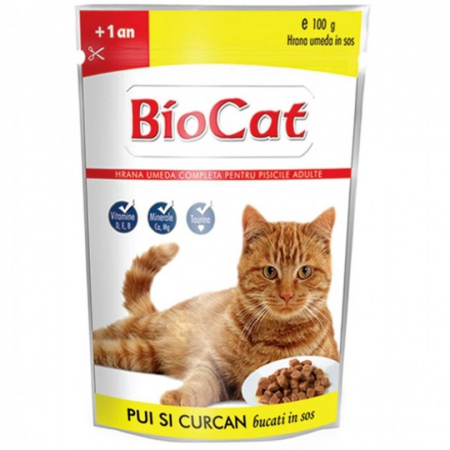Hrana umeda pisici - Hrana umeda pentru pisici Biocat cu pui & curcan in sos 100 gr