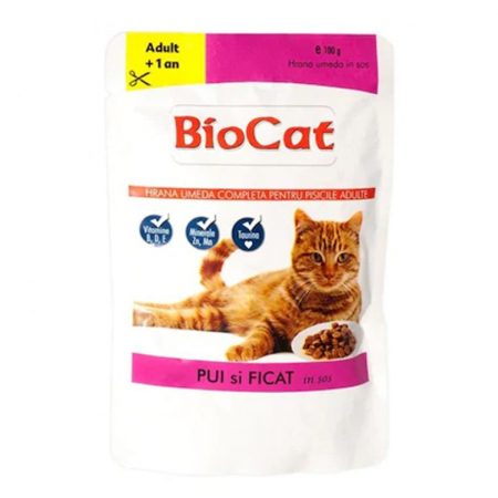 Pisica Adult - Hrana umeda pentru pisici Biocat cu pui & ficat in sos 100 gr