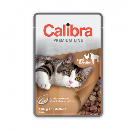 Pisica Adult - Hrana umeda pentru pisici Calibra Premium Line Adult cu miel & pui 100 gr