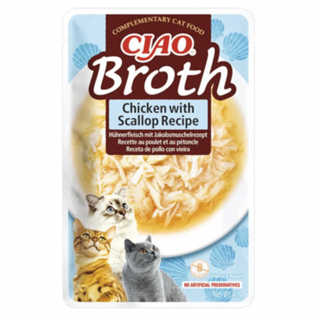 Pisica Adult - Hrana umeda pentru pisici Ciao Broth cu pui & scoici 40 gr