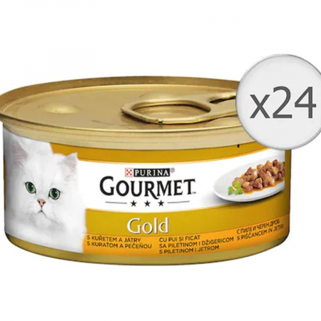 Hrana umeda pisici - Set 24 buc x 85 gr Hrana umeda pentru pisici Gourmet Gold cu pui & ficat in sos
