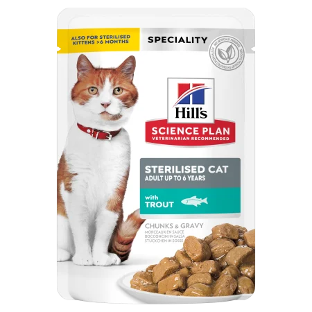 Pisica Sterilizata - Hrana umeda pentru pisici Hill's SP Sterilised cu pastrav 85 gr