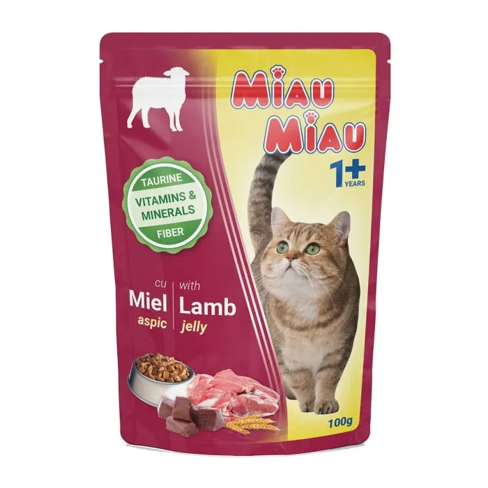 Pisica Adult - Hrana umeda pentru pisici Miau Miau cu miel in aspic 100 gr