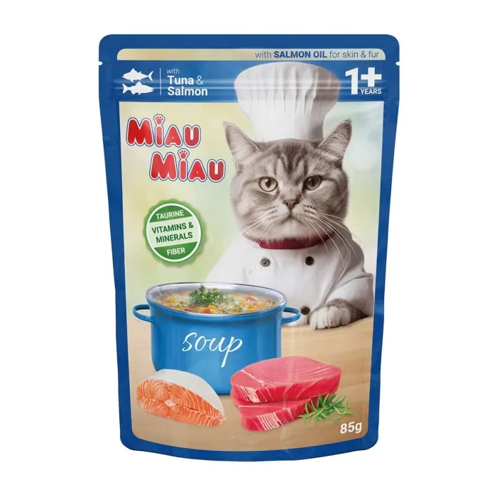Pisici - Hrana umeda pentru pisici Miau Miau Soup cu ton & somon 85 gr