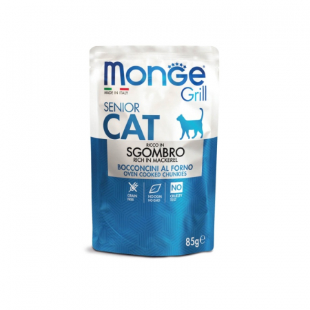 Pisica Senior - Hrana umeda pentru pisici Monge Grill Chunkies Senior cu macrou 85 gr