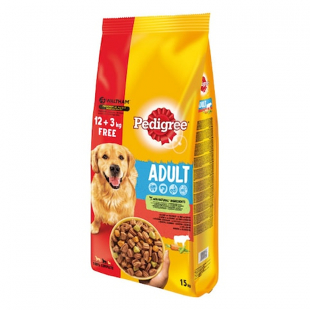Caine Adult - Hrana uscata pentru caini Pedigree Adult cu vita & legume 12 kg + 3 kg GRATIS