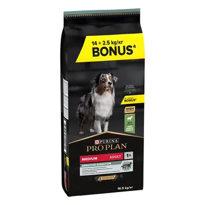 Hrana uscata caini - Hrana uscată pentru câini Pro Plan Medium Adult Sensitive Digestion cu miel 14 kg + 2,5 kg Gratis