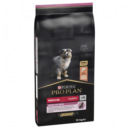 Caine Junior - Hrana uscata pentru caini Pro Plan Medium Puppy Sensitive Skin cu somon 12 kg